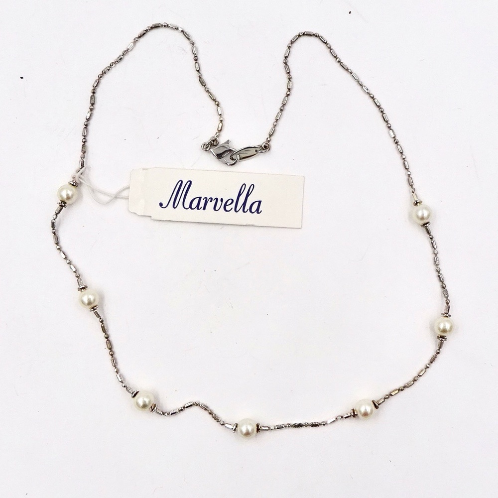 MARVELLA Silver Faux Pearl Station Necklace 18 1/2" Long NWT - Picture 2 of 5